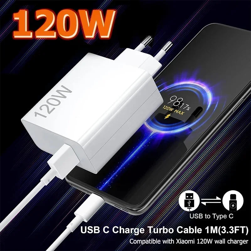 Original  Xiaomi 120W Charger Turbo Charge EU US Adapter 1M 6A Usb Type C Cable For Poco X5 X4 F5 Pro Mi 13 12 11 Lite Mix Fold