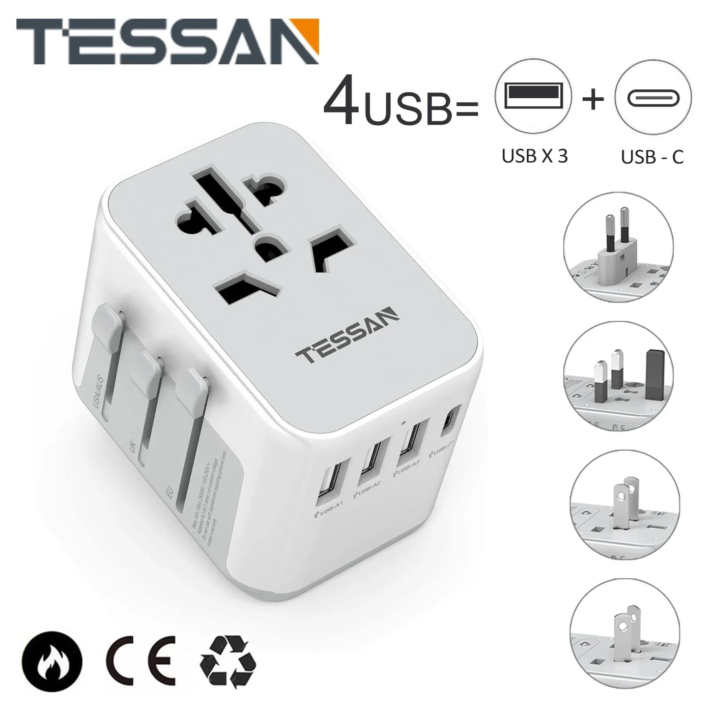 TESSAN Universal Travel Adapter Worldwide with USB & Type C, International Plug All-in-one Wall Charger for US EU UK AUS Travel