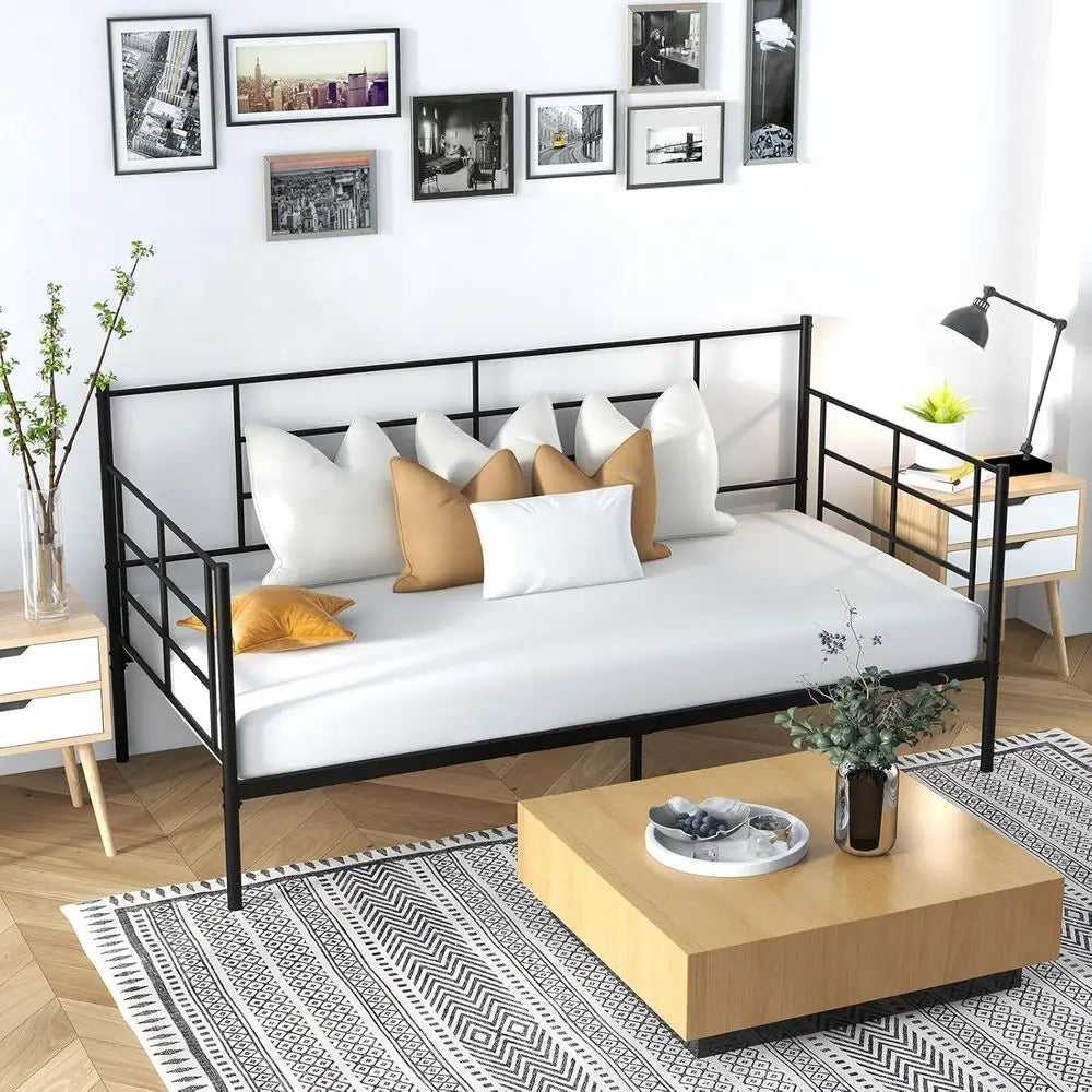 Single Day Bed with Metal Frame, 28cm Underbed Storage, Slat Support, Black Mattress Platform, 90x190cm Mattress for Living Room
