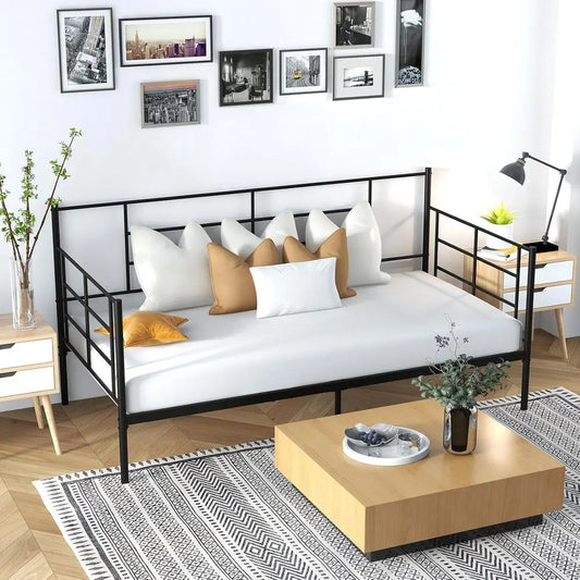 Single Day Bed with Metal Frame, 28cm Underbed Storage, Slat Support, Black Mattress Platform, 90x190cm Mattress for Living Room