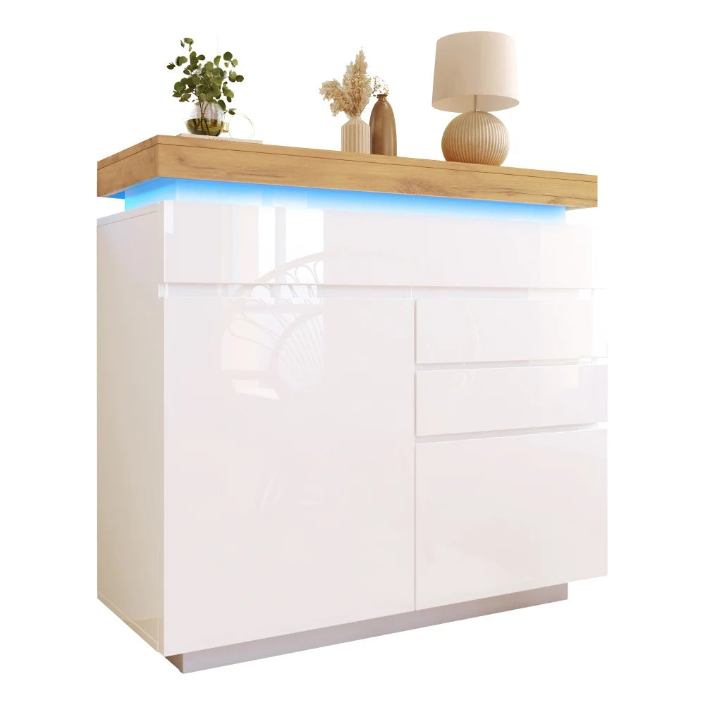 PINGGO Chest of Drawers,High-gloss Sideboard Cabinet with 2 Doors and 3 Drawers,Storage with RGB LED,115 x 110 x 39 cm, White