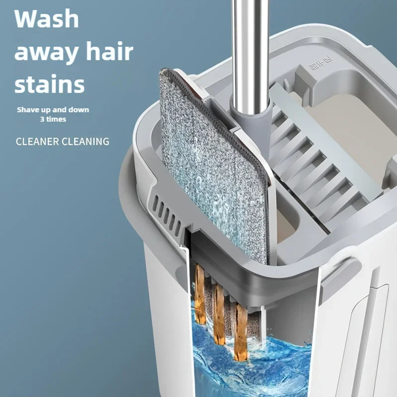 Hands-Free Squeeze Flat Mop and Bucket Set 33cm Large Self-Wringing Floor Cleaning Tool Dry Wet 360 Spin with 4 Pads Home