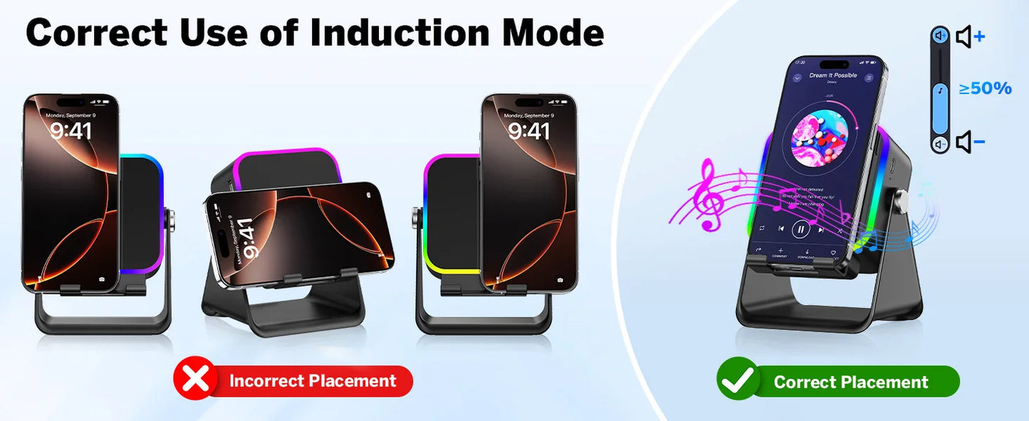 Magnetic Induction Speaker Phone Stand Wireless Bluetooth Phone Holder Amplifier Portable Desk Speaker RGB Light 5000mAh Battery
