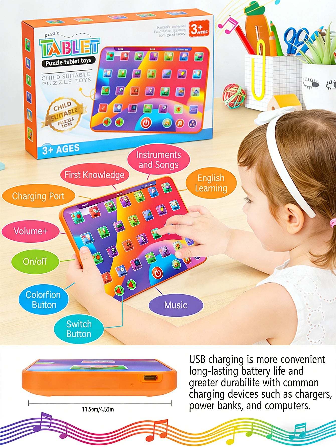Alphabet Tablet to Learn Letters, Abc, Numbers, Colors, Music & Words, Interactive Toddler Learning & Education Toys for Kids
