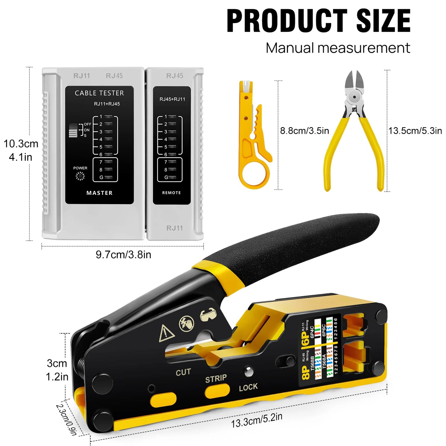 DayPlus Pass Through RJ45 Crimp Tool Kit Ethernet Crimper CAT5 Cat5e Cat6 Crimping Tool Kit 3 IN 1 - Crimp Cutting Peeling