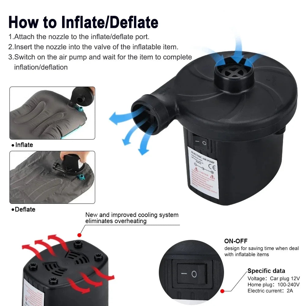 Portable Electric Air Pump High Pressure Fast Inflator Deflator for Air Mattress Inflatable Boat Pool Floats Outdoor Blower