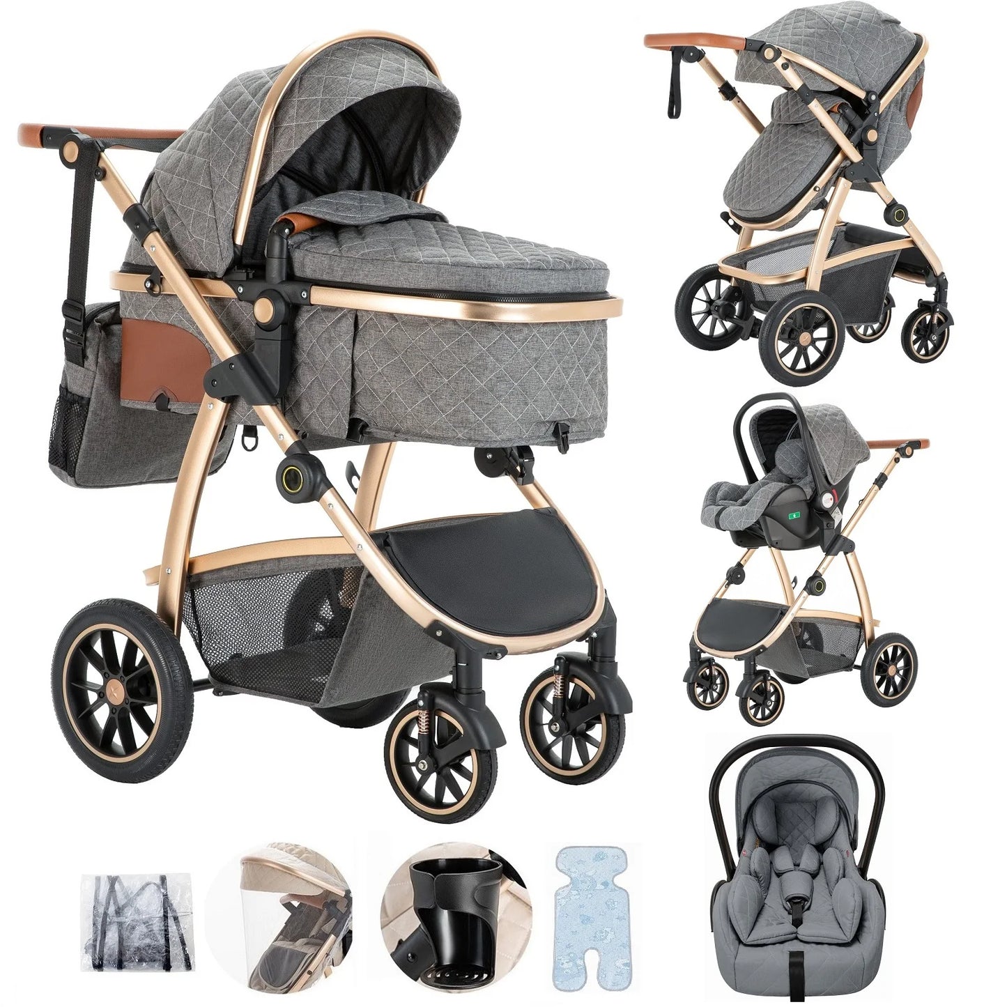 3 in 1 Prams Travel System, Pushchair with Height Adjustable Handle, Travel Pram with Mosquito Net, Baby Stroller with Aluminum