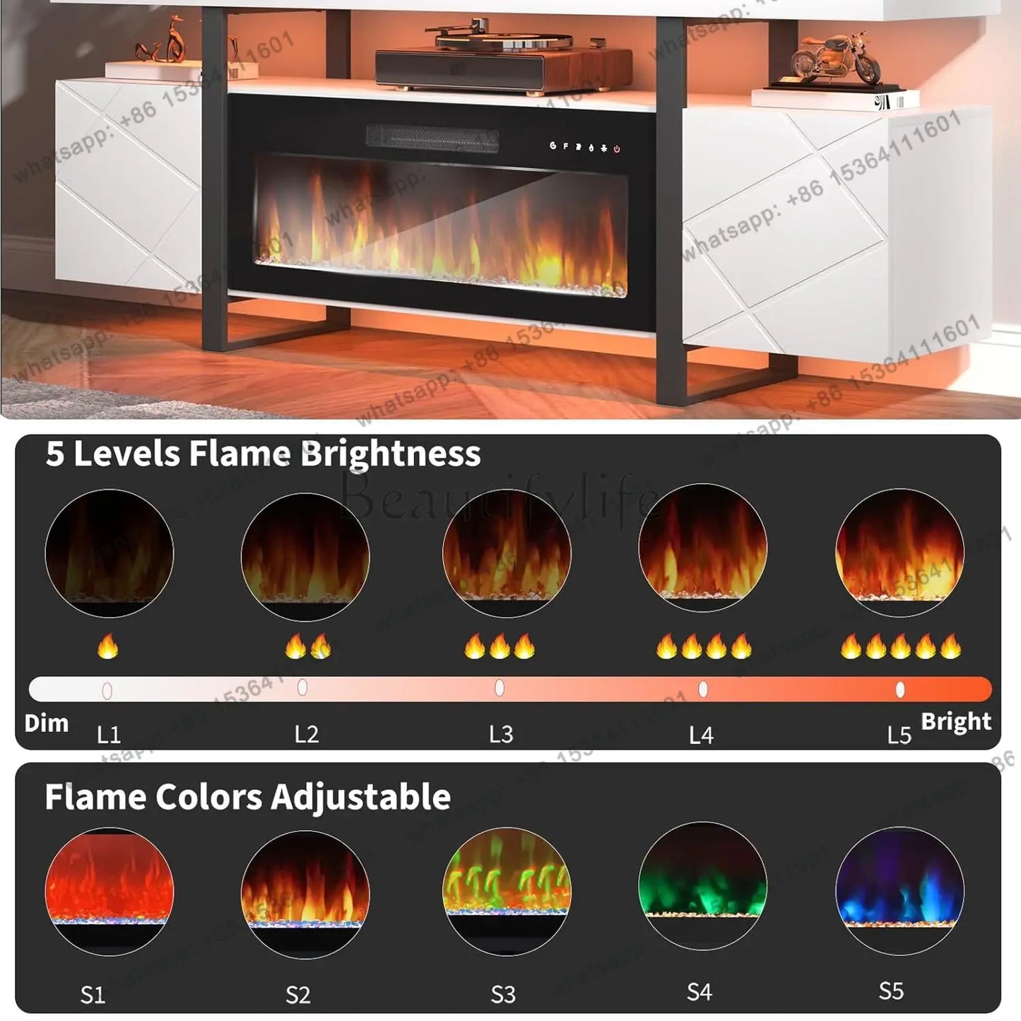 Fireplace TV Stand with 36" Electric Fireplace,LED Light Entertainment Center with Hidden Storage Cabinet,Media, Customized