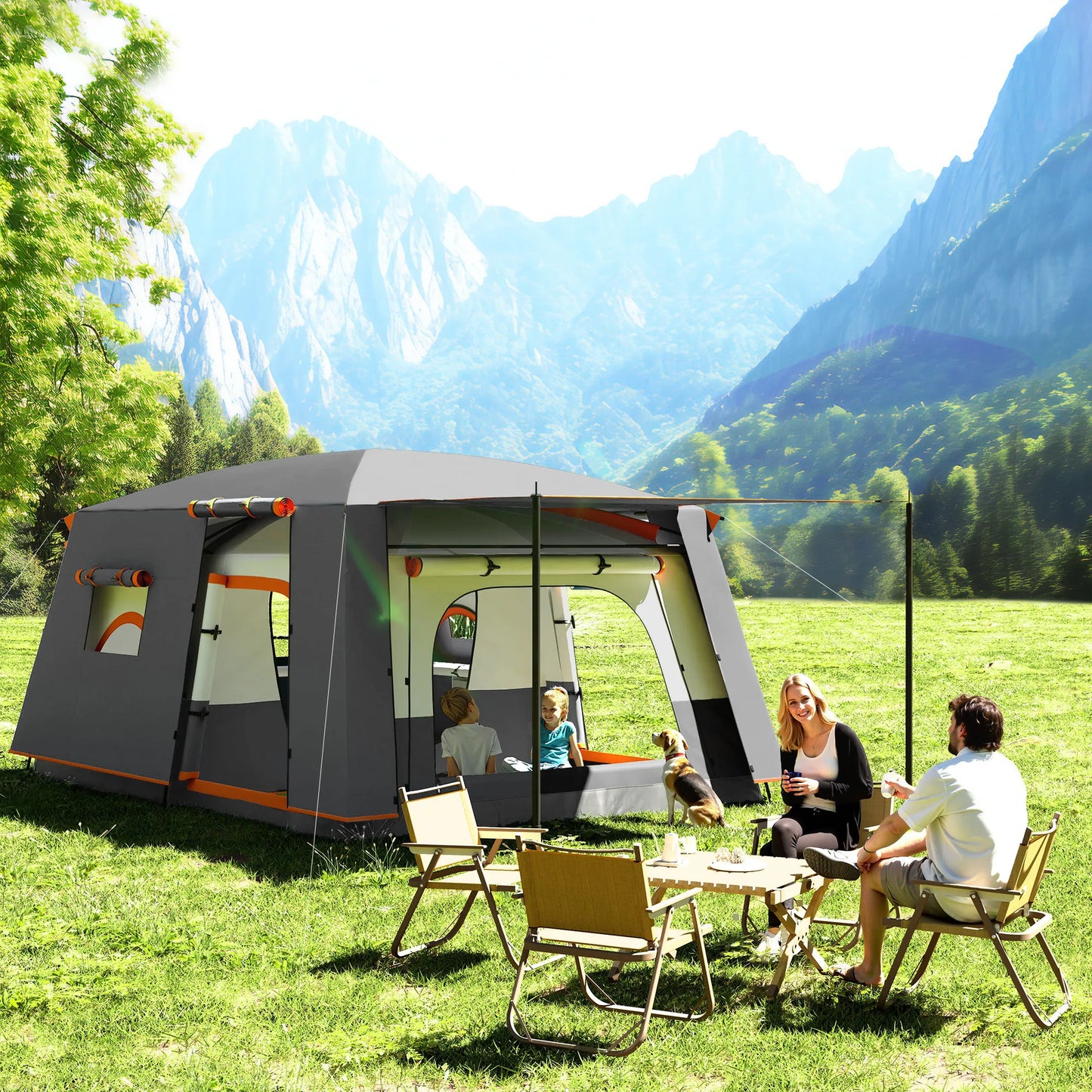 Outsunny 4-6 Man Camping Tent, Double Layer Tunnel Tent with Porch, Living Area and 2 Bedrooms, Sewn in Groundsheet