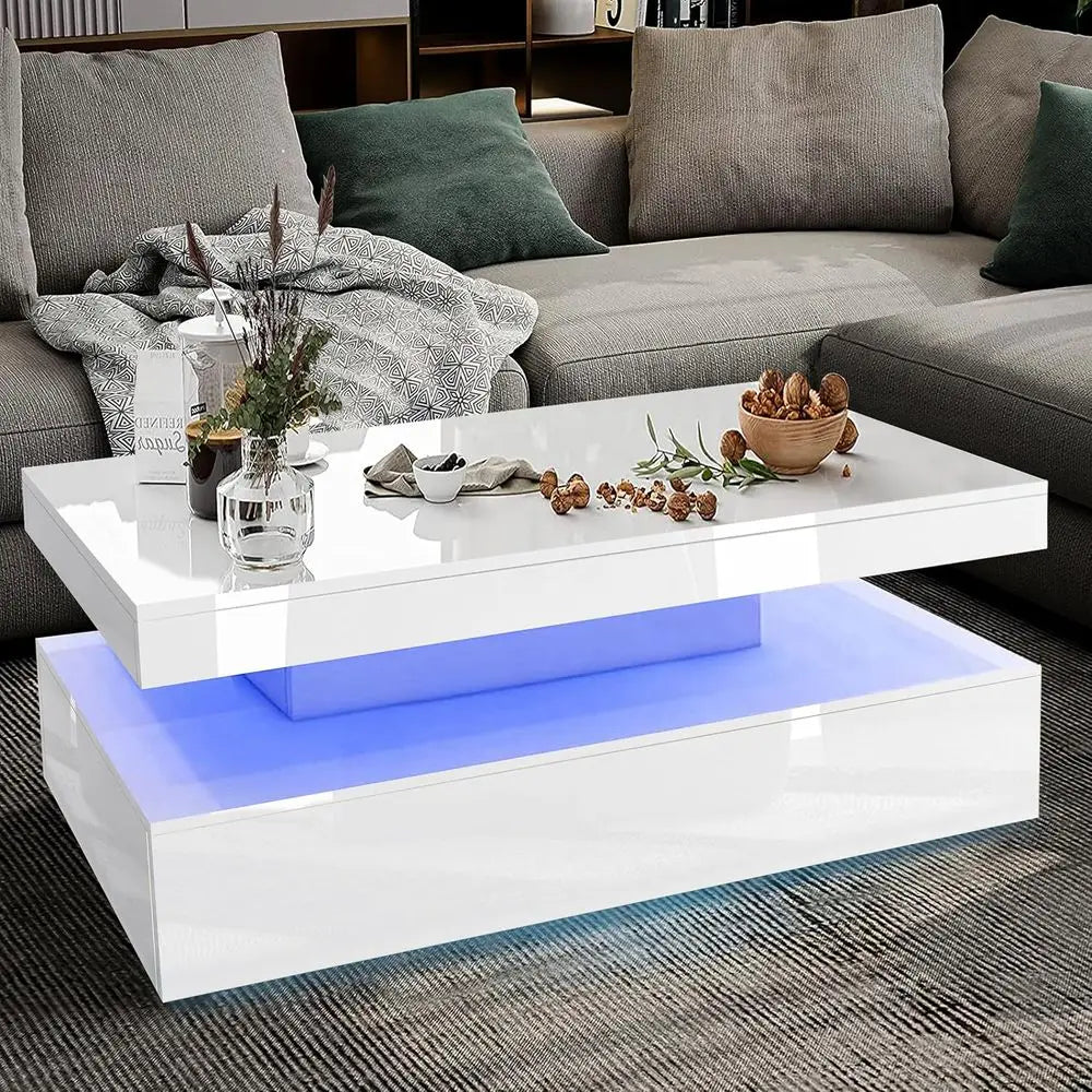 Modern White High Gloss Coffee Table with LED RGB Lights, Storage and Sofa Side Functionality for Living Room and Home Office
