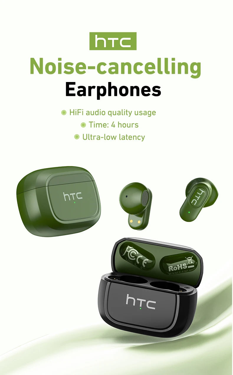 HTC NE51 Bluetooth Earphones TWS Mini EarBuds Sports Wireless Headphones Smart Noise Reduction Earbuds Green Black