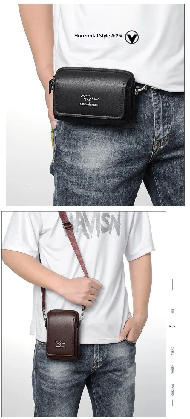 Leather Fashion Phone Pouch Belt Bag Shoulder Crossbody Waist Pack Vintage Outdoor Multi-function Mens Leisure Hanging Waist Bag