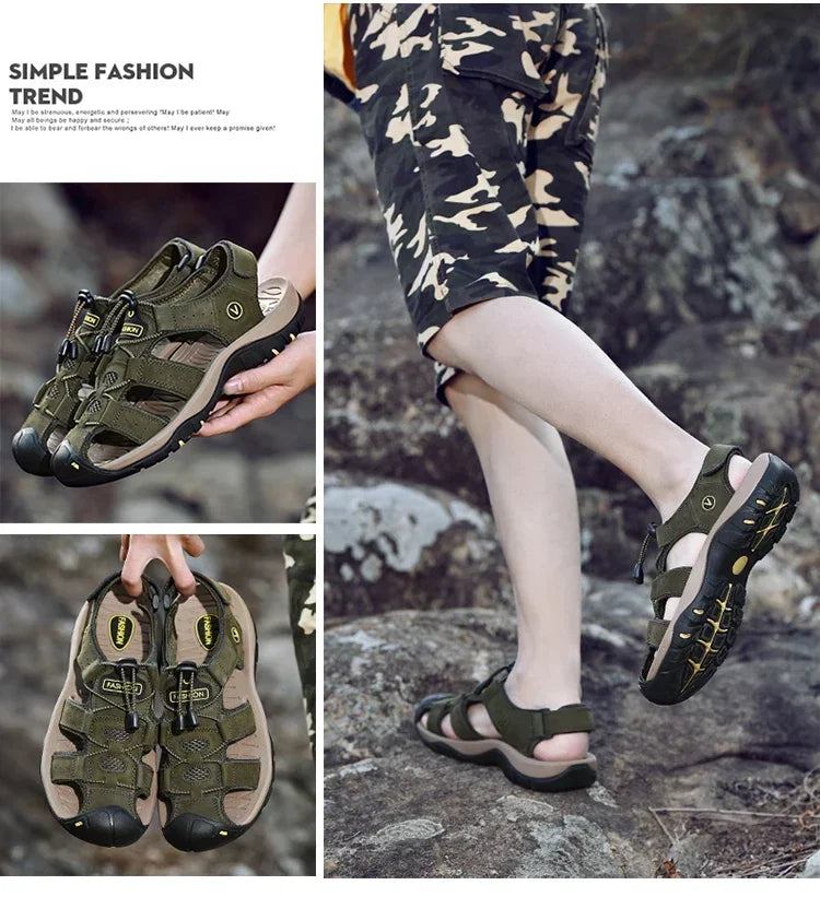 Summer Sandals Leather Outdoor Men Beach Shoes Luxury Breathable Casual Sandal Man Wading Shoes Non-slip Wide lining Slippers