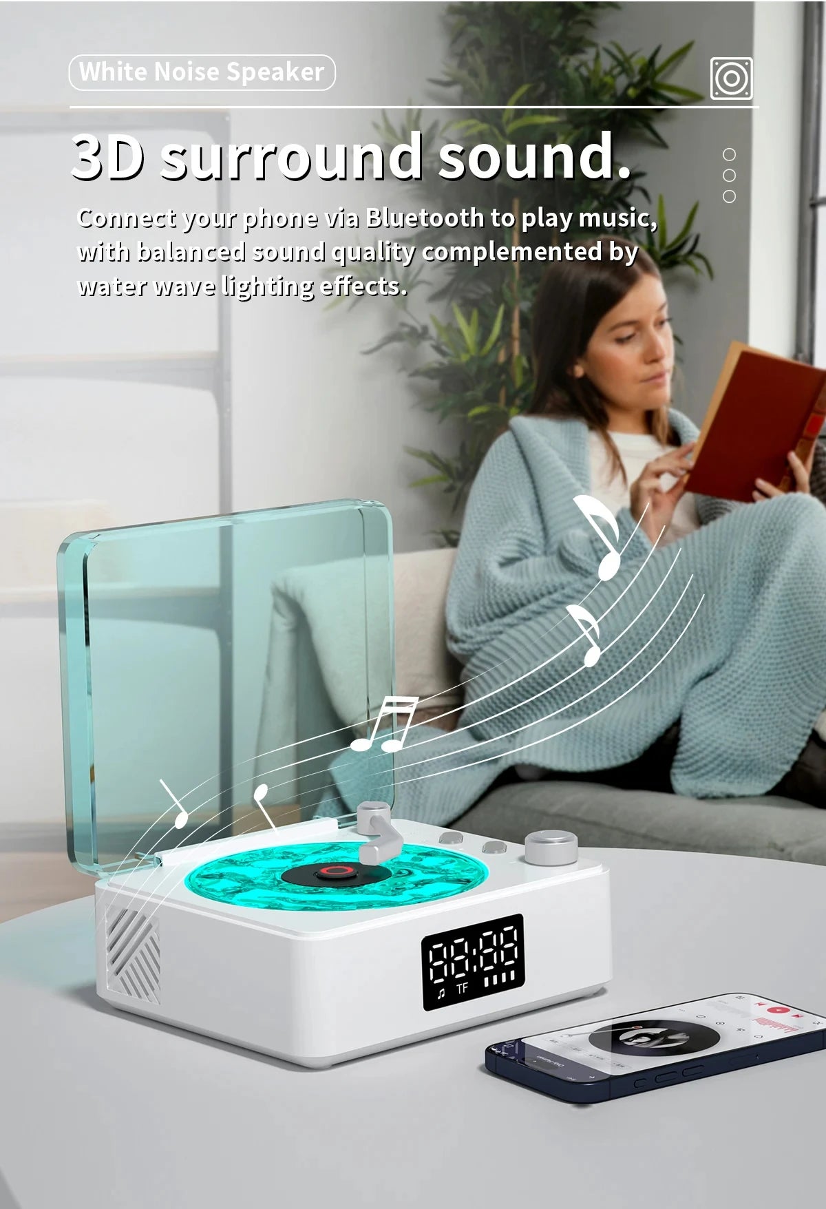 Waves Vinyl Player Bluetooth Speaker with White Noise Retro Turntable Speaker Sleep Aid Vitrola Shaped Speaker with RGB Light