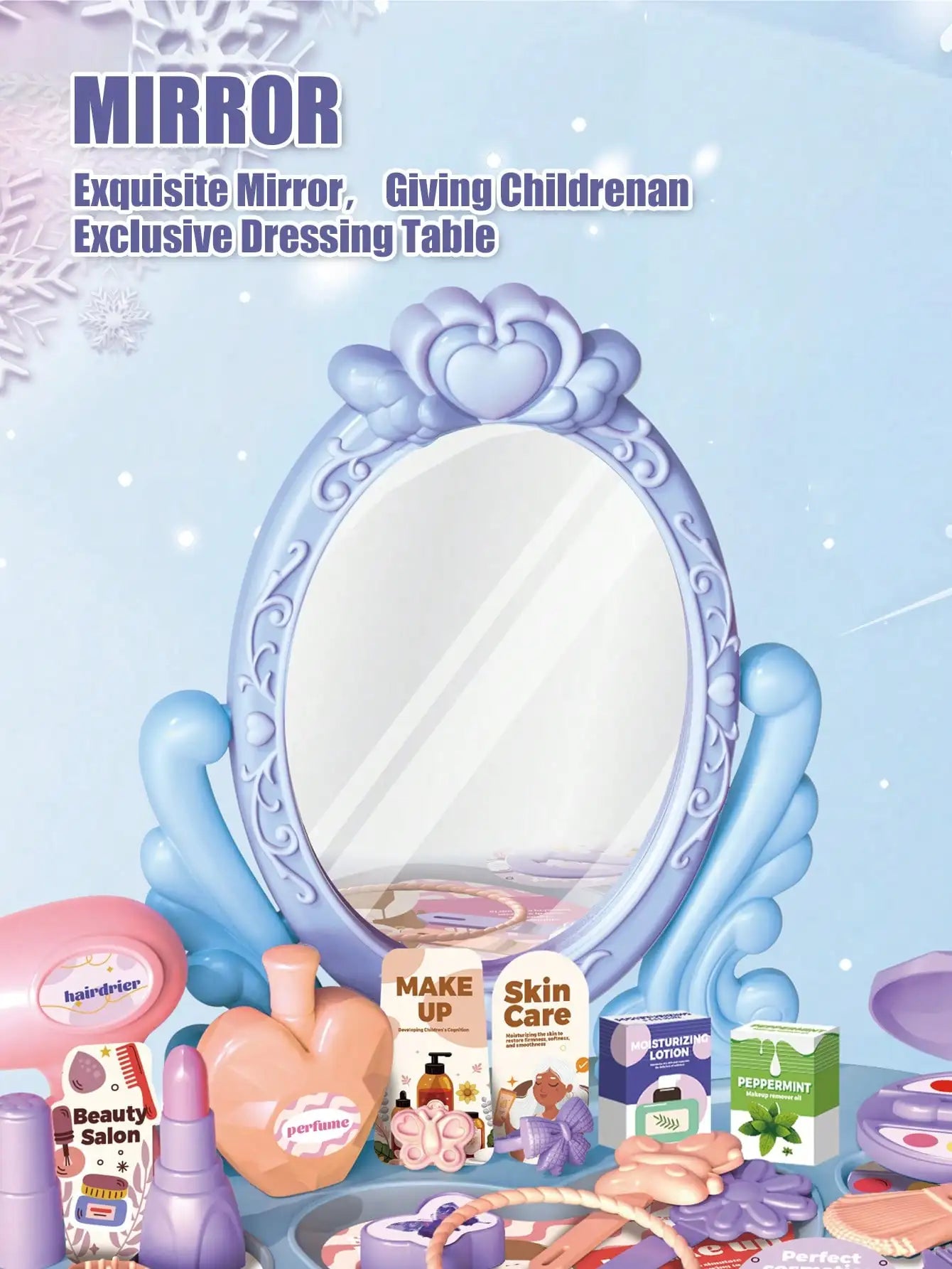Kids Princess Vanity Dressing Table Toy Set with Mirror&30Pcs Makeup Accessories, Pretend Hair Dryer Cosmetic Kit,Gift for Girls