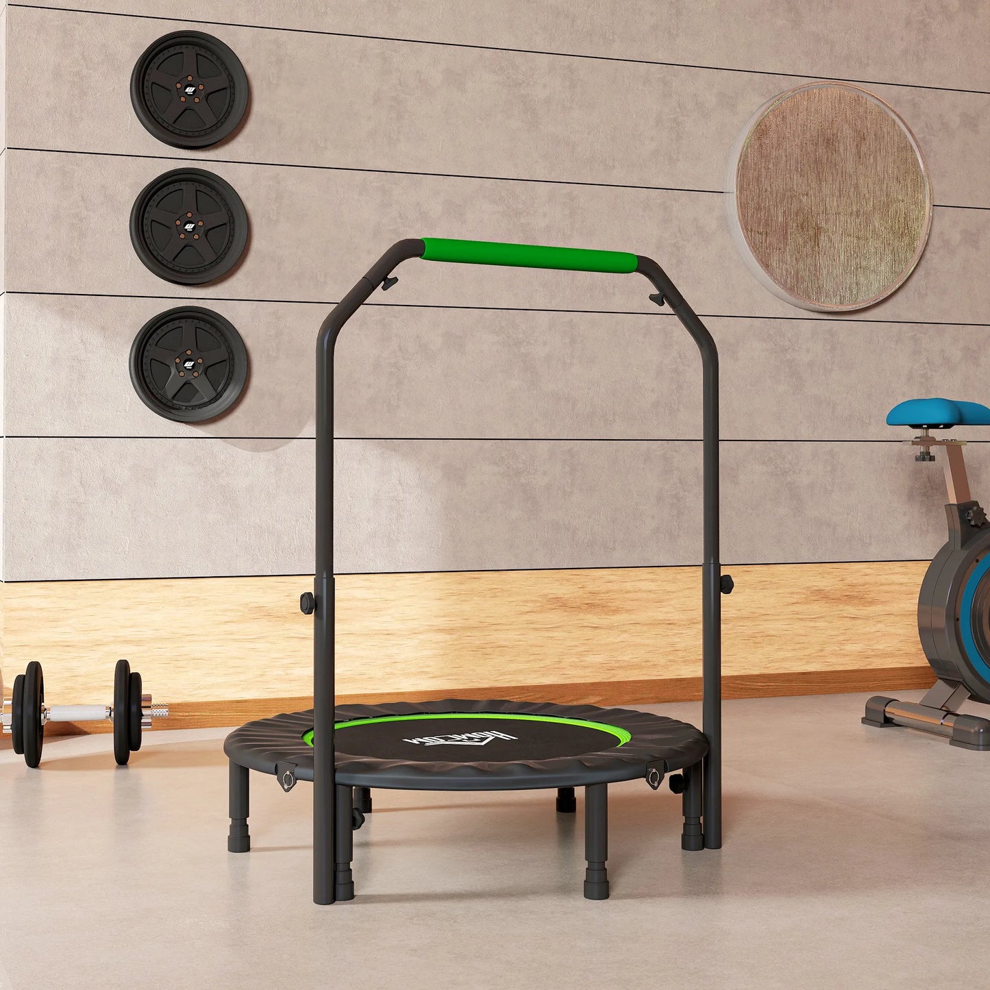 HOMCOM 40" Foldable Mini Trampoline with Adjustable Foam Handle, for Cardio Training, Green
