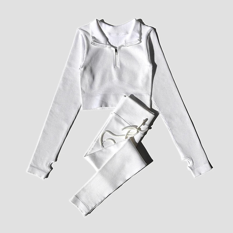 Seamless Women Yoga Set Workout Sportswear Gym Clothing Zipper Long Sleeve High Waist Leggings Fitness Bra Athletic Sports Suits
