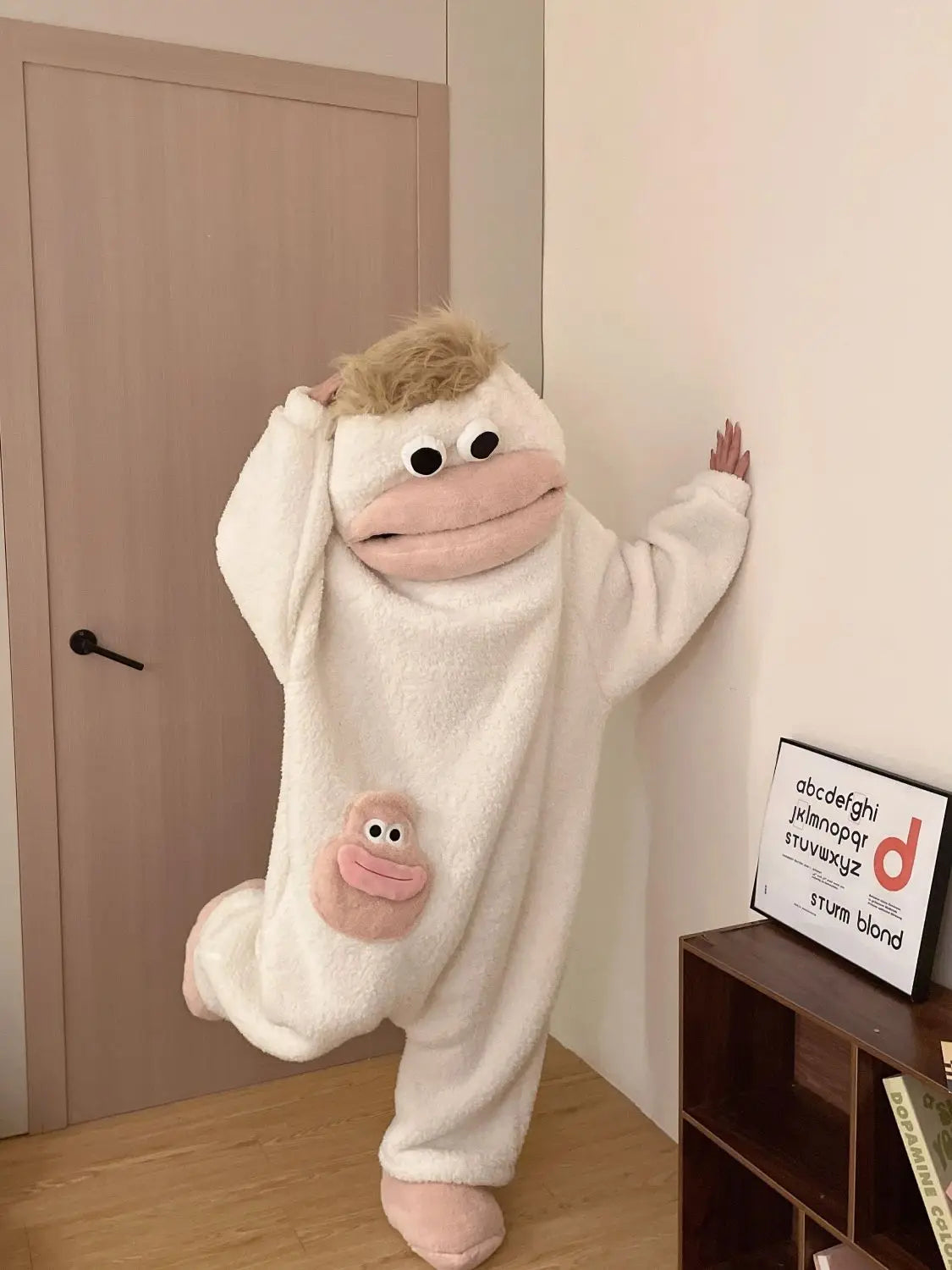 Cartoon Pajamas Autumn Winter Couple Set Wacky Bodysuit Have Hair Big Mouth Monster Hooded Homewear Girl Cute Keep Warm Pajamas