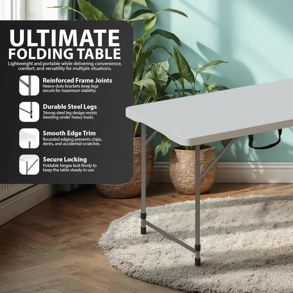 Portable Heavy-Duty Folding Table with White Plastic Top - Ideal for Camping, Catering, Picnics, and Outdoor Parties