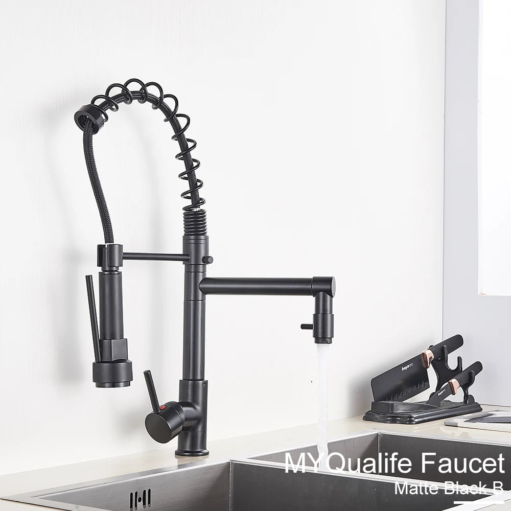 Black Pull Down Brass Kitchen Sink Faucet Hot Cold Water Mixer Crane Tap with Dual Spout 360 Rotation High Faucet Deck Mounted