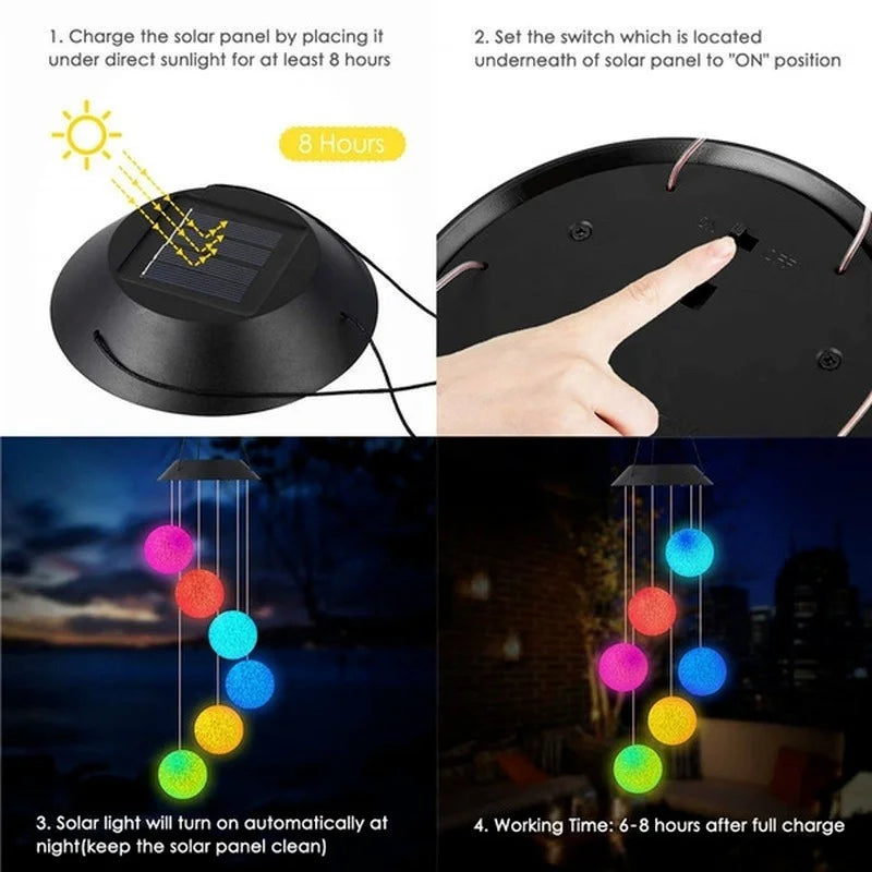 LED Solar Wind Chime Crystal Ball Hummingbird Wind Chime Light Color Changing Waterproof Hanging Solar Light For Home Garden