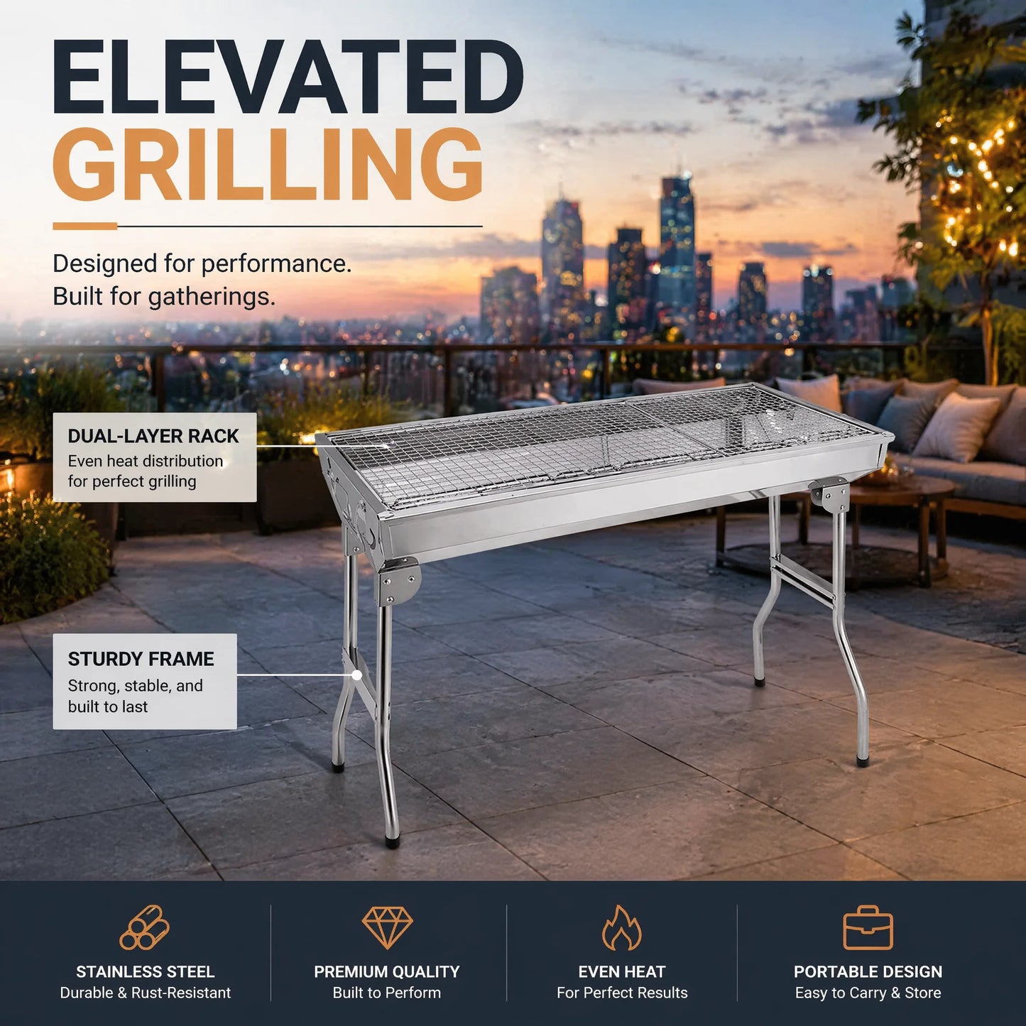 Portable Folding BBQ Grill, Instant Setup Charcoal Barbecue for Camping Festivals Beach, Lightweight Stainless Steel with Carry Bag, Foldable Legs Garden Picnic