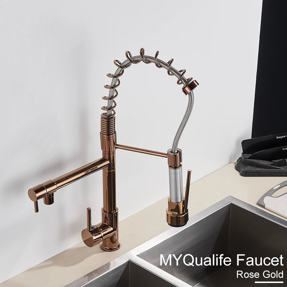Black Pull Down Brass Kitchen Sink Faucet Hot Cold Water Mixer Crane Tap with Dual Spout 360 Rotation High Faucet Deck Mounted