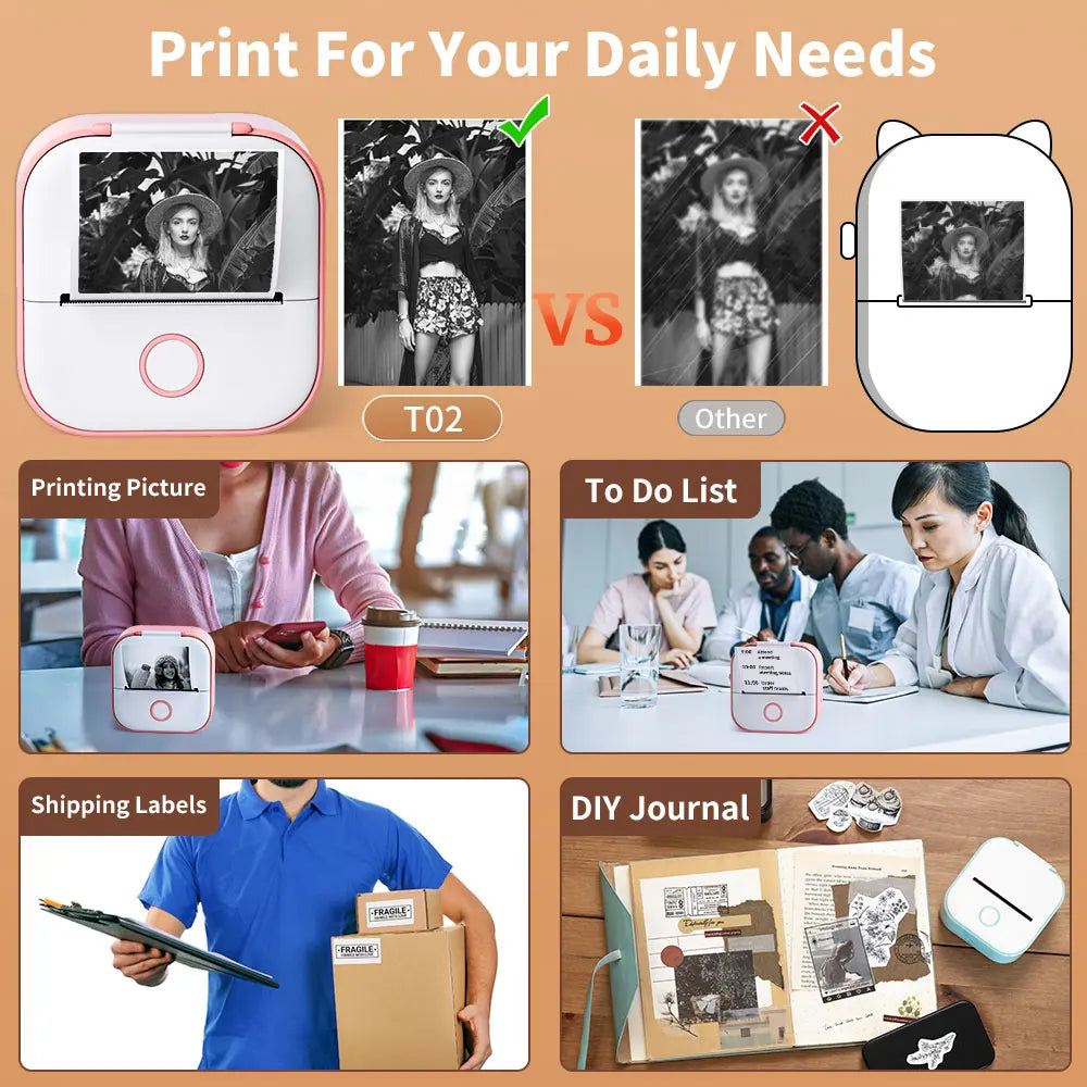 Phomemo T02 Mini Printer Portable Printer Thermal Printing Sticker Wireless Inkless Pocket Printer Self-adhesive Label Printer