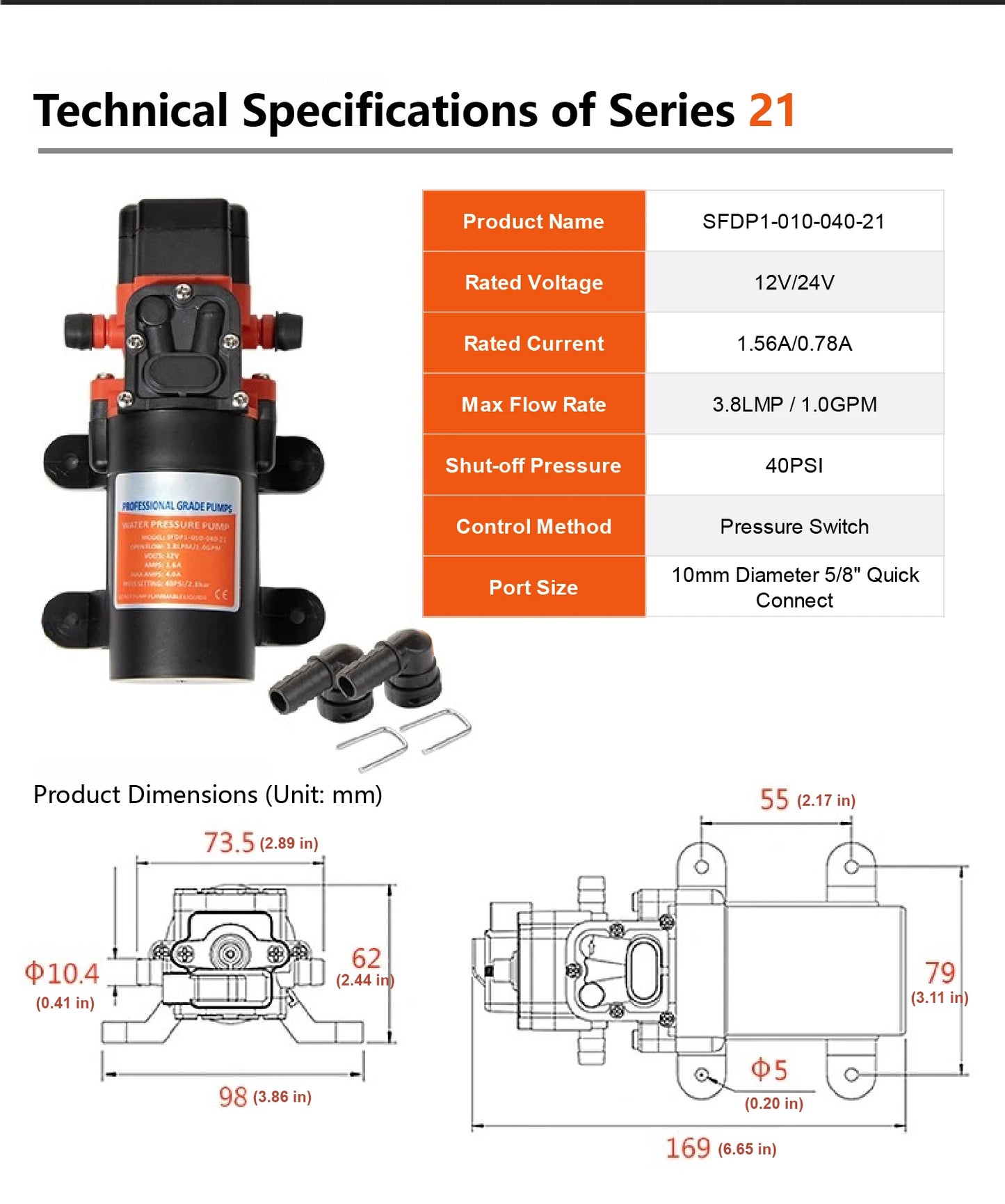 23C DC 12V/24V Micro Diaphragm Pump Self Priming Water Pump 5.6LPM 1.56A/0.78A High Pressure RV Marine Booster Pump