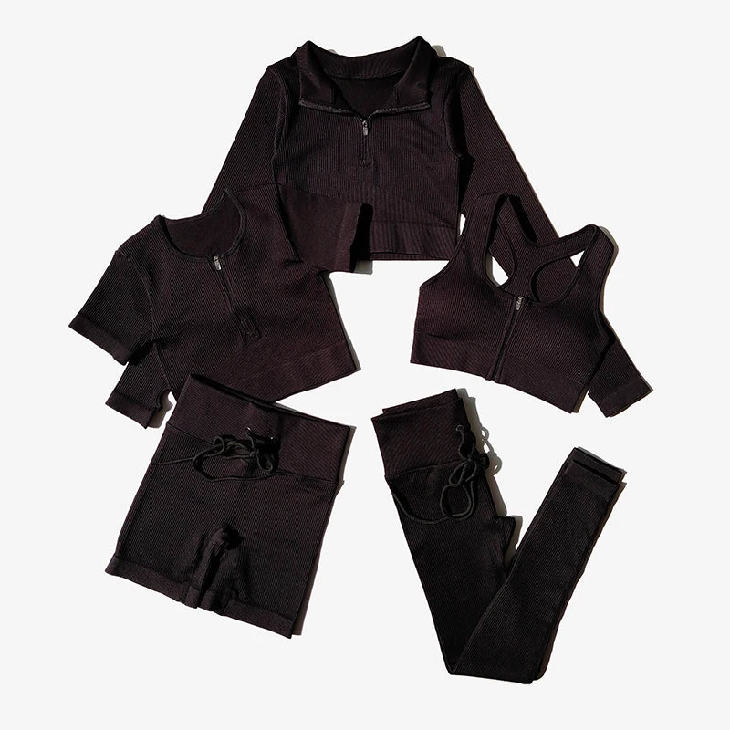 Seamless Women Yoga Set Workout Sportswear Gym Clothing Zipper Long Sleeve High Waist Leggings Fitness Bra Athletic Sports Suits