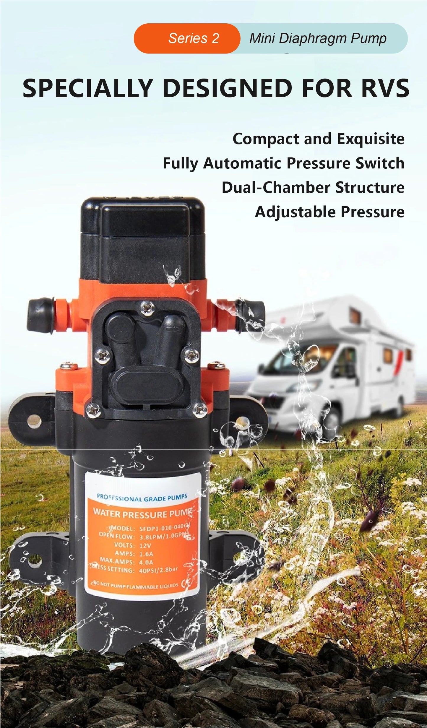 23C DC 12V/24V Micro Diaphragm Pump Self Priming Water Pump 5.6LPM 1.56A/0.78A High Pressure RV Marine Booster Pump