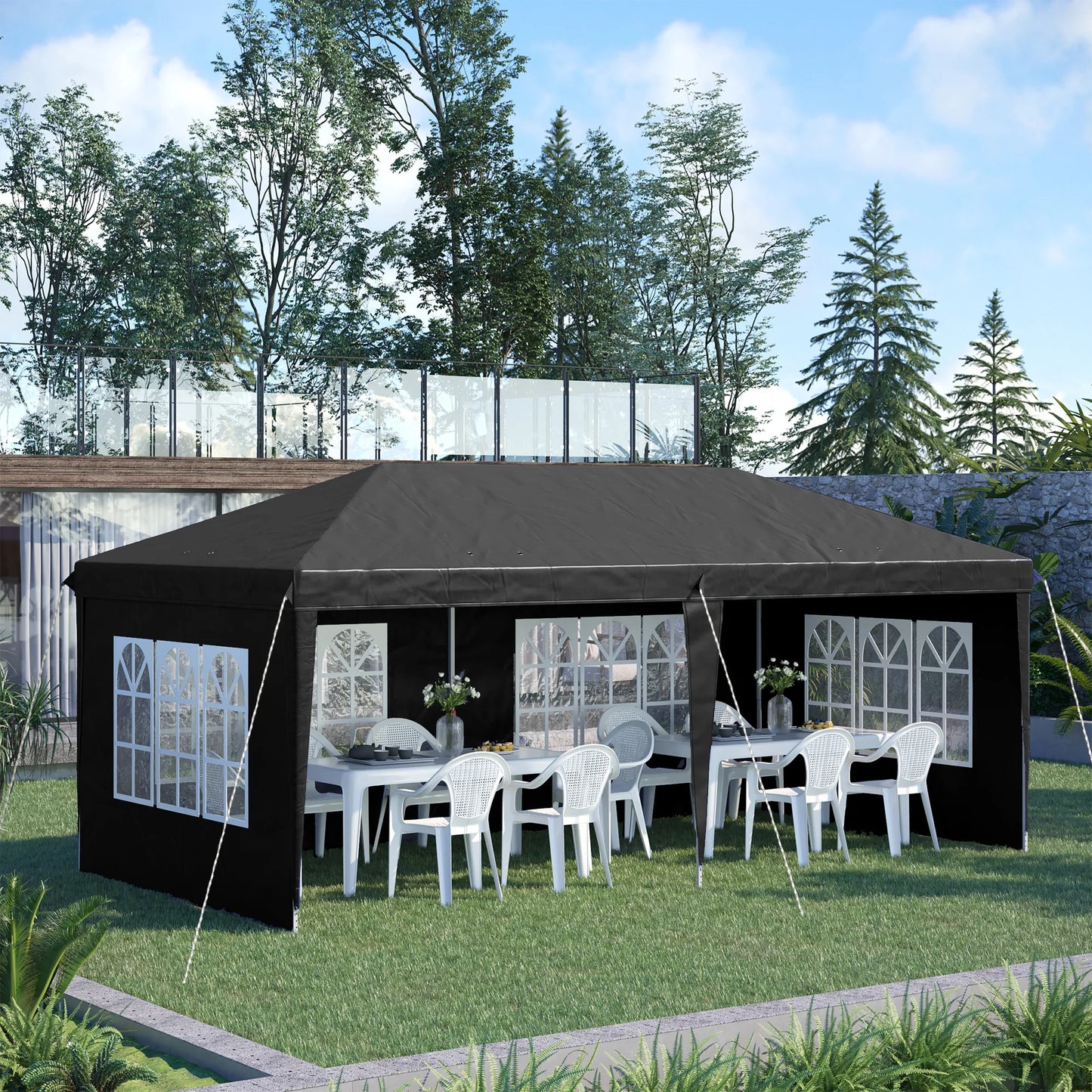 Outsunny 3 x 6m Garden Pop Up Gazebo, Height Adjustable Marquee Party Tent with Sidewalls, Storage Bag, Black