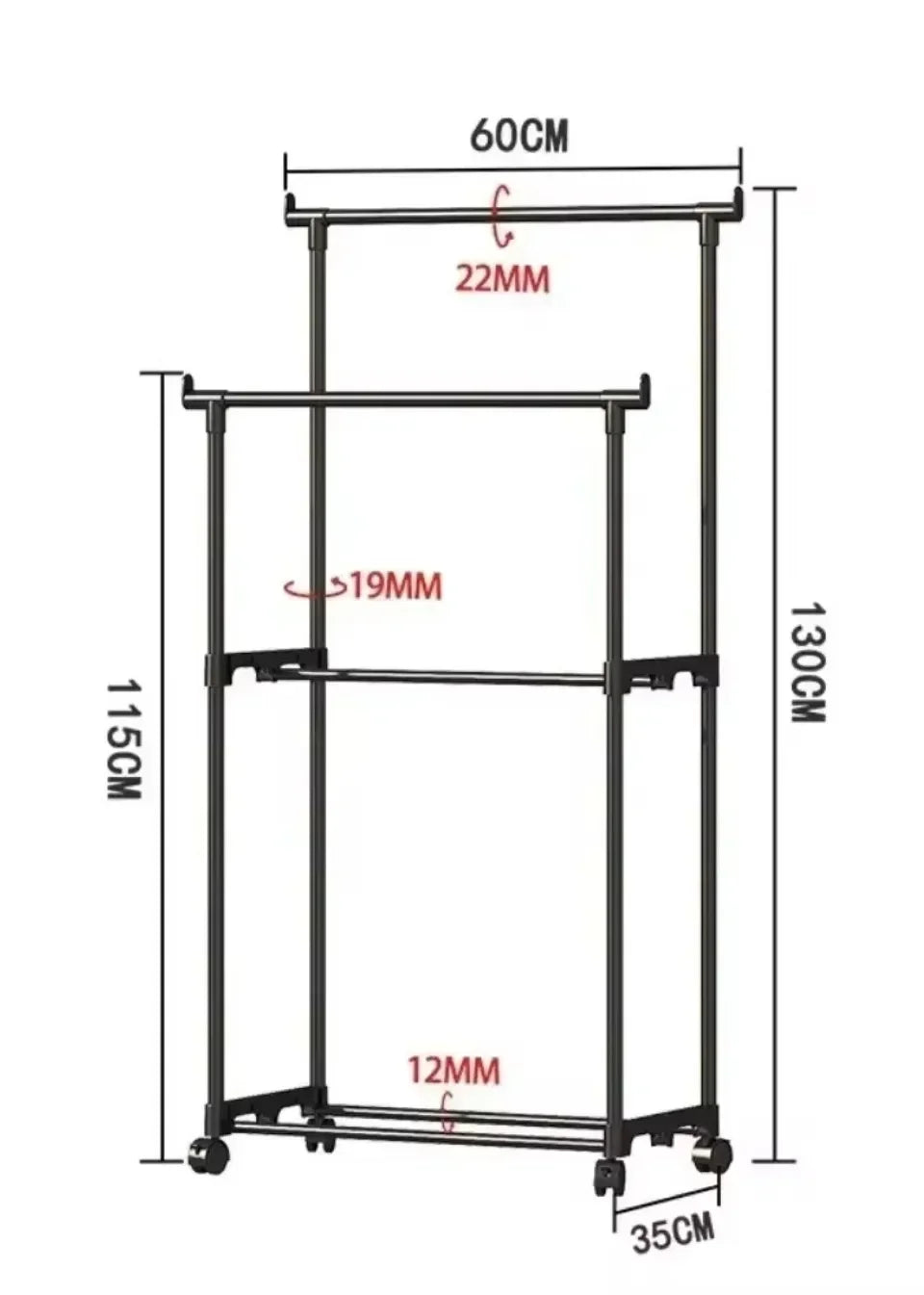 Standing Clothes Hanger Movable Simple Clothing Shelf Bedroom Storage Rack Assembled Closet Organizer Double Rod Coat Rack Floor