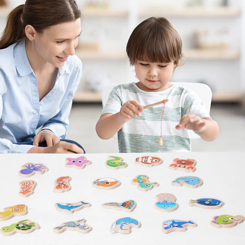 Montessori Wooden Magnetic Fishing Toys Marine Life Cognition Fish Games Early Educational Toy for Kids Parent-child Interactive