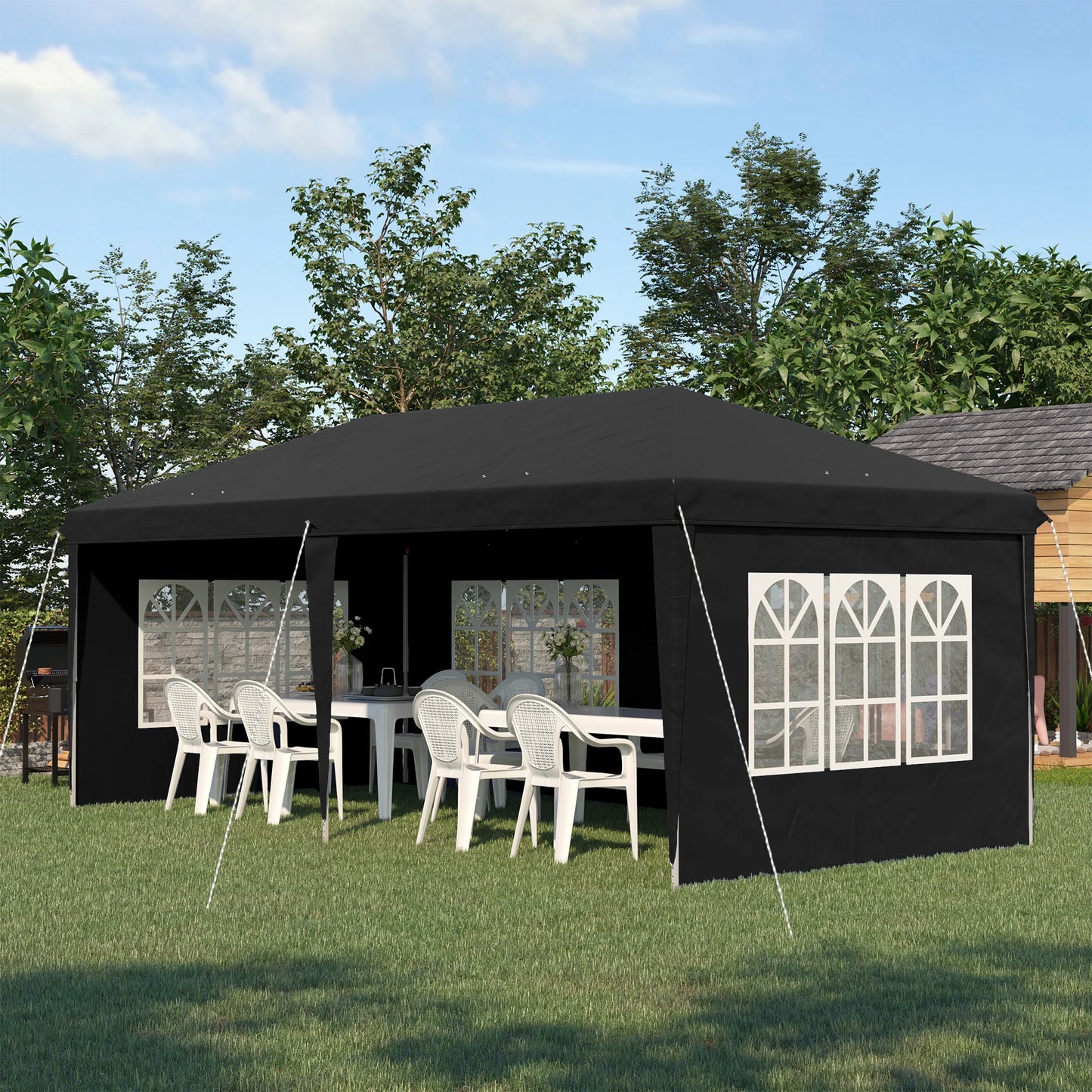 Outsunny 3 x 6m Garden Pop Up Gazebo, Height Adjustable Marquee Party Tent with Sidewalls, Storage Bag, Black