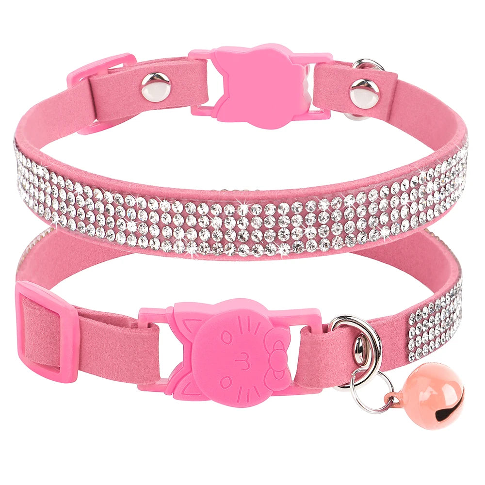 Soft Pink Suede Leather Cat Collar - Cute Bling Rhinestone Design, with Bell & Safety Breakaway Buckle, Adjustable XS/S Sizes
