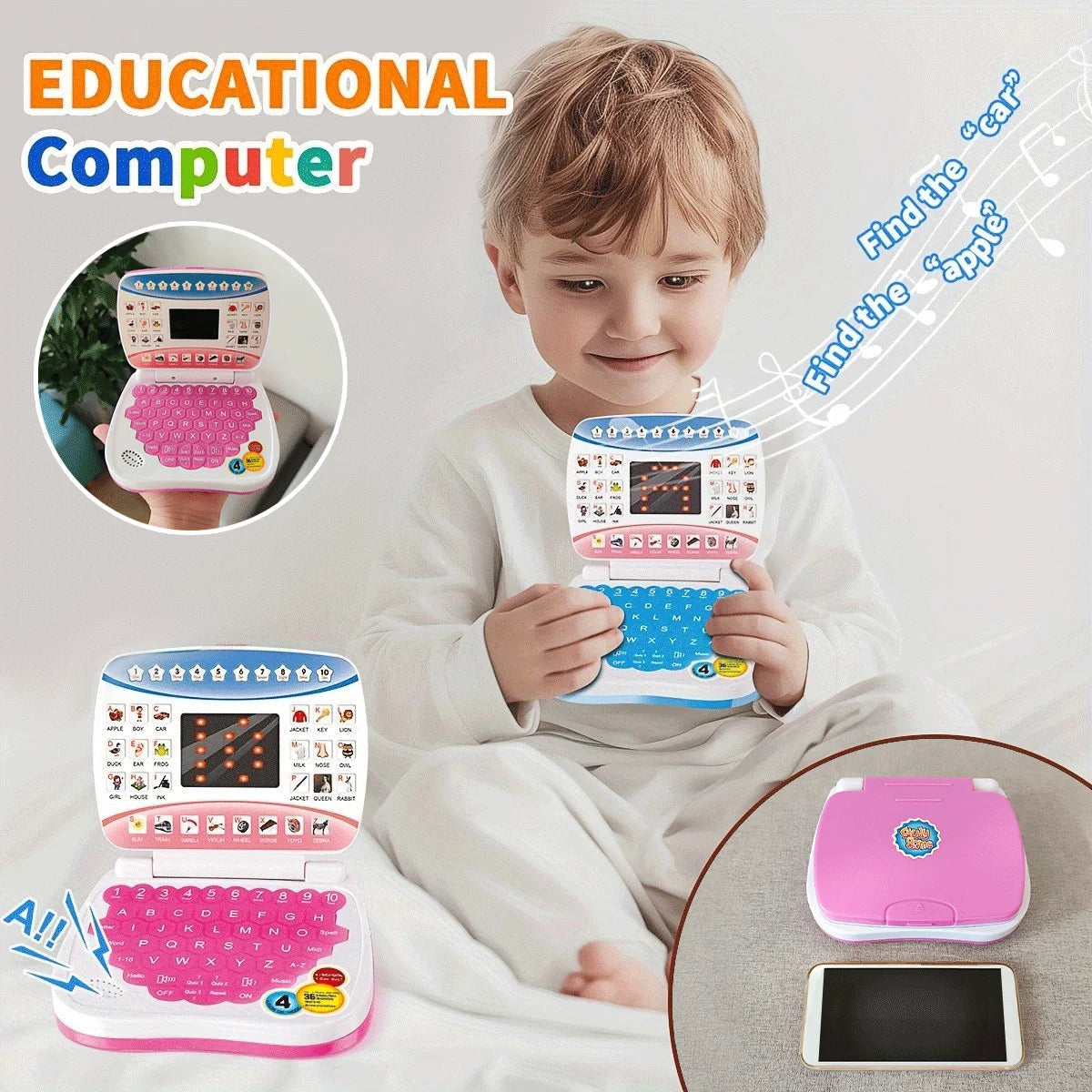 Electronic mini learning computer toy, alphanumeric music function, children's puzzle early education gift (excluding battery)
