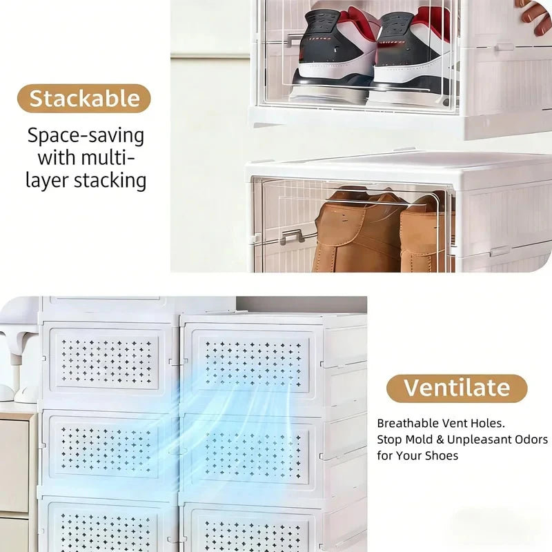 6 Layers Foldable Transparent Shoe Box Stackable Dustproof High Top Sneaker Storage Organizer for Home Closet