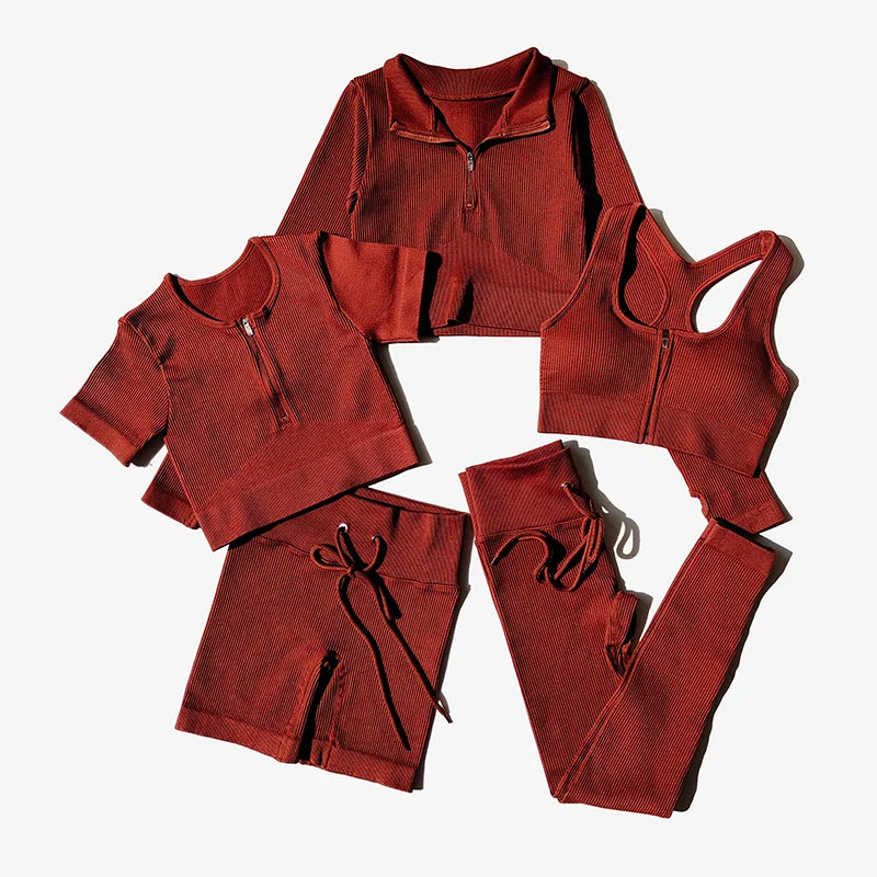 Seamless Women Yoga Set Workout Sportswear Gym Clothing Zipper Long Sleeve High Waist Leggings Fitness Bra Athletic Sports Suits