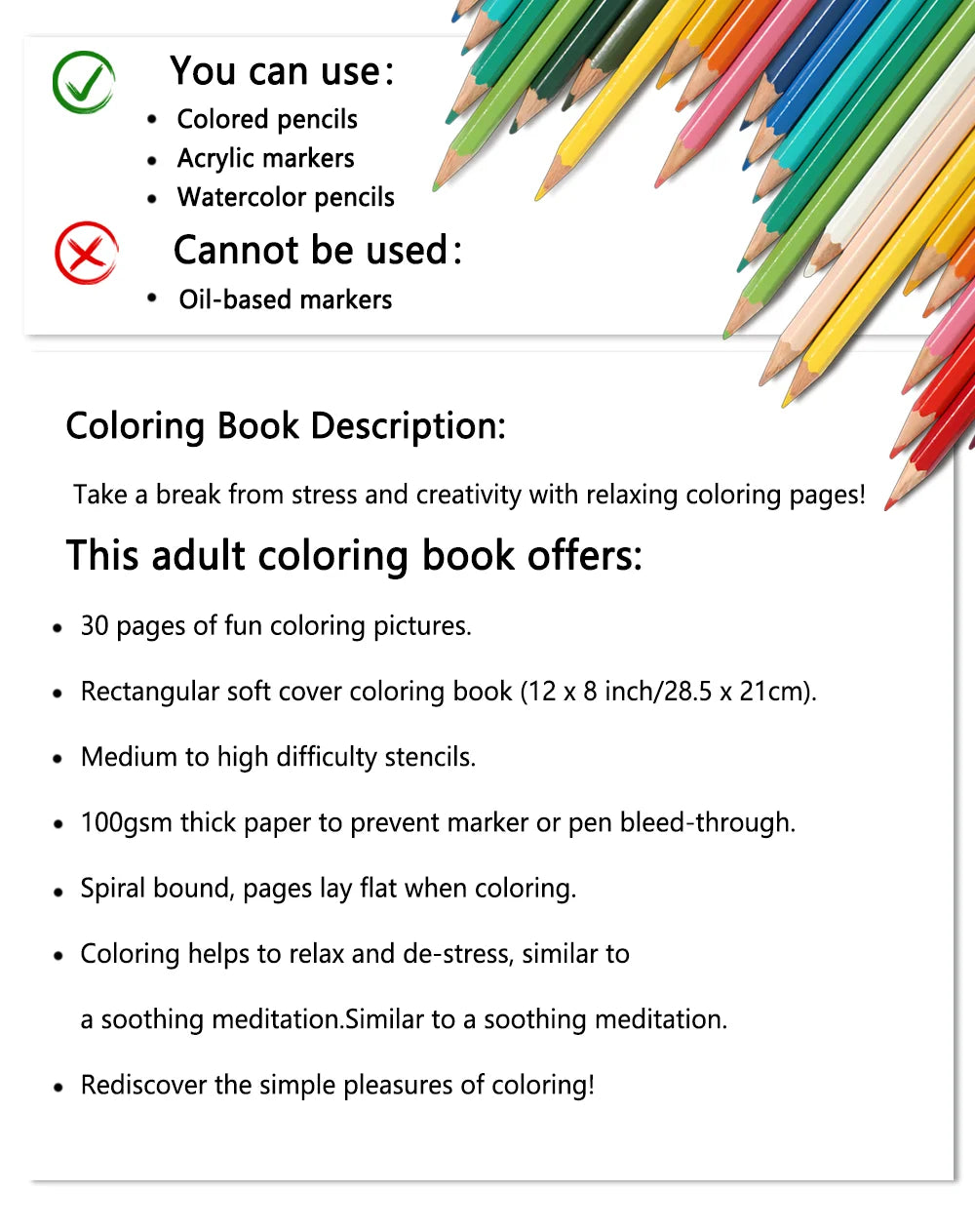 Spiral Coloring book -30 Sheets adult coloring book, 11.3 x 8.3 inches, 100g thick paper, drawing book, homecoming holiday gift