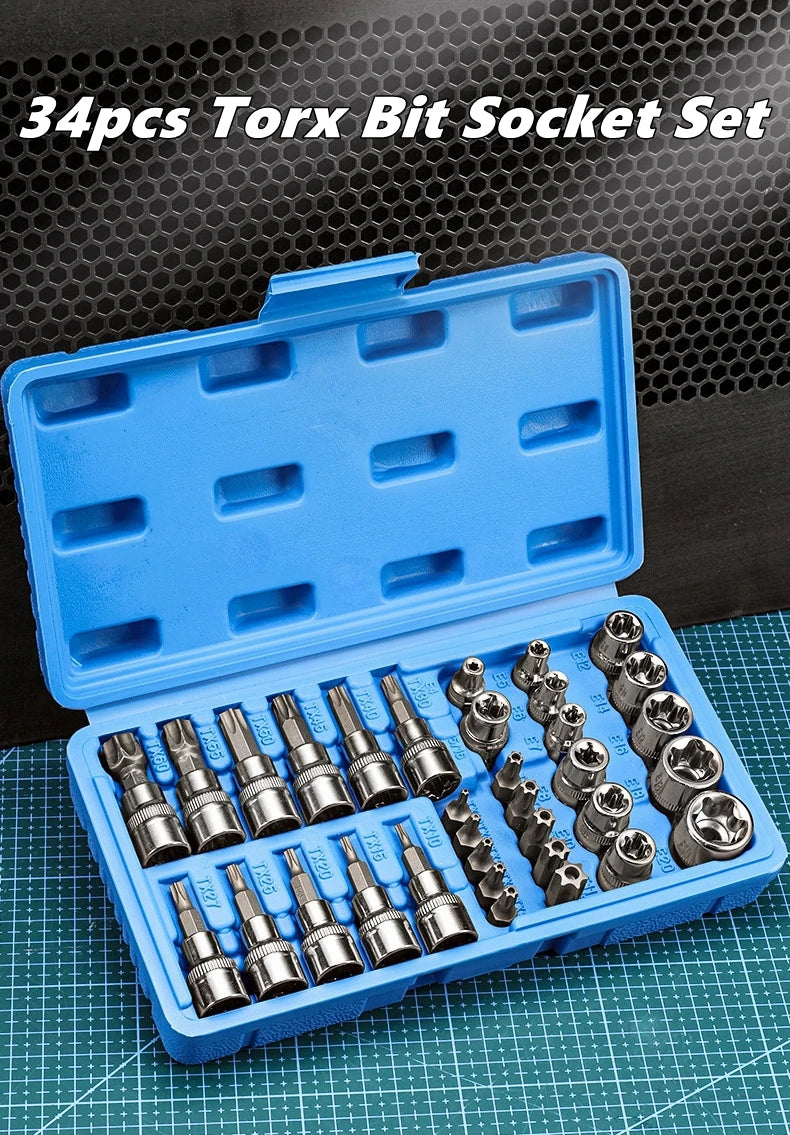 Professional 34pcs Torx Bit Socket & E-Torx Star Socket Set 1/4" 3/8" 1/2" Drive Male Female E-torx Bits Handheld Tool with Case