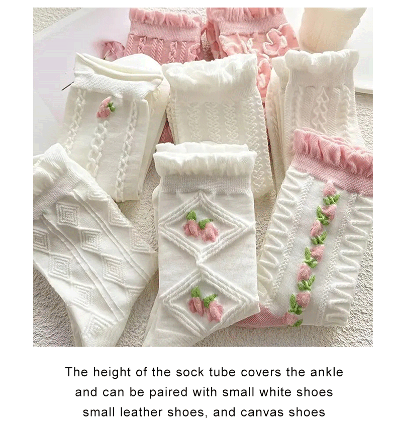 5 Pairs Cute Lace Mid Tube Socks Women's Lolitajk Ruffled Harajuku Style Autumn Winter Soft Versatile Fashionable Girl Socks
