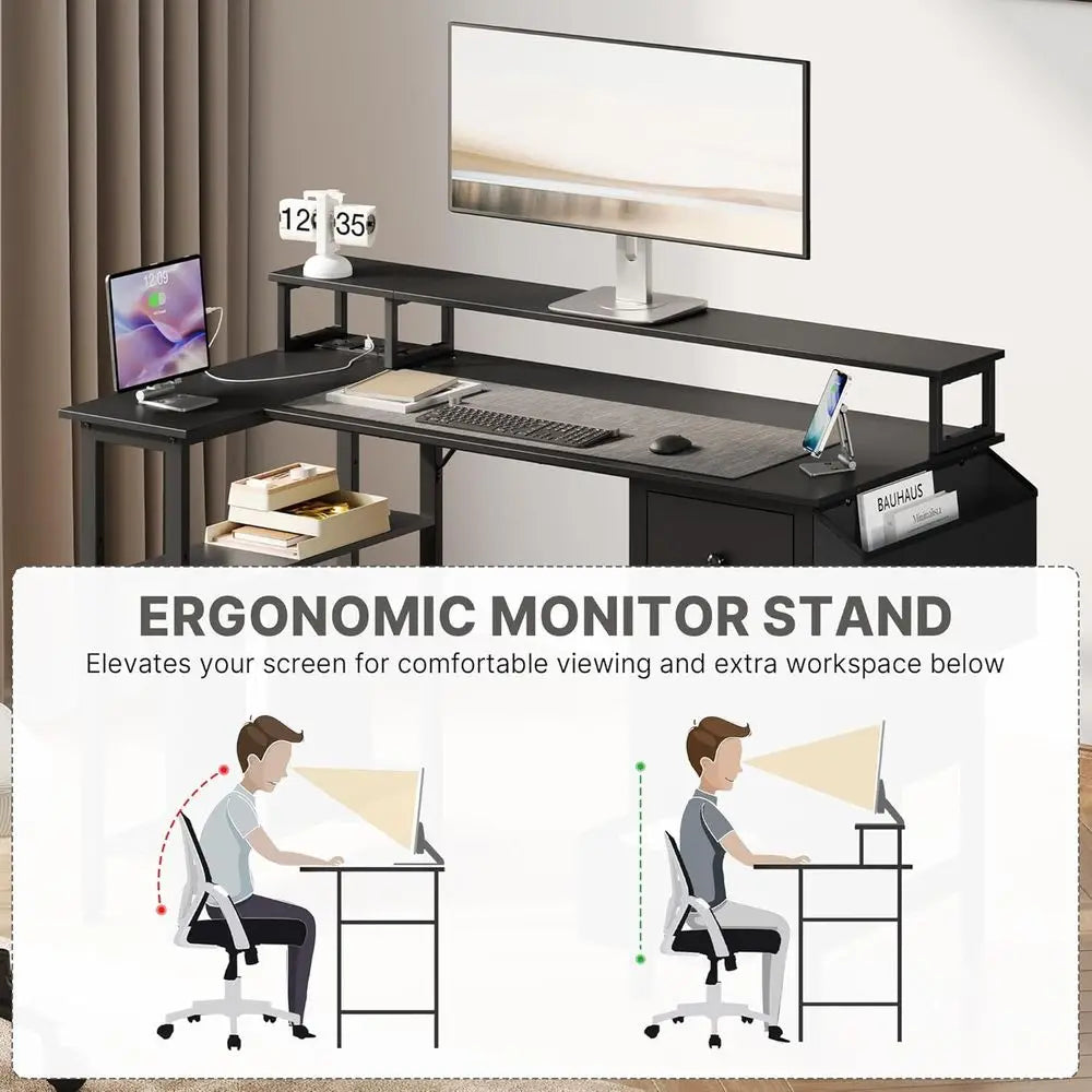 120x70cm L-Shaped Computer Desk with Power Outlets, Monitor Stand and Reversible Shelves, Black