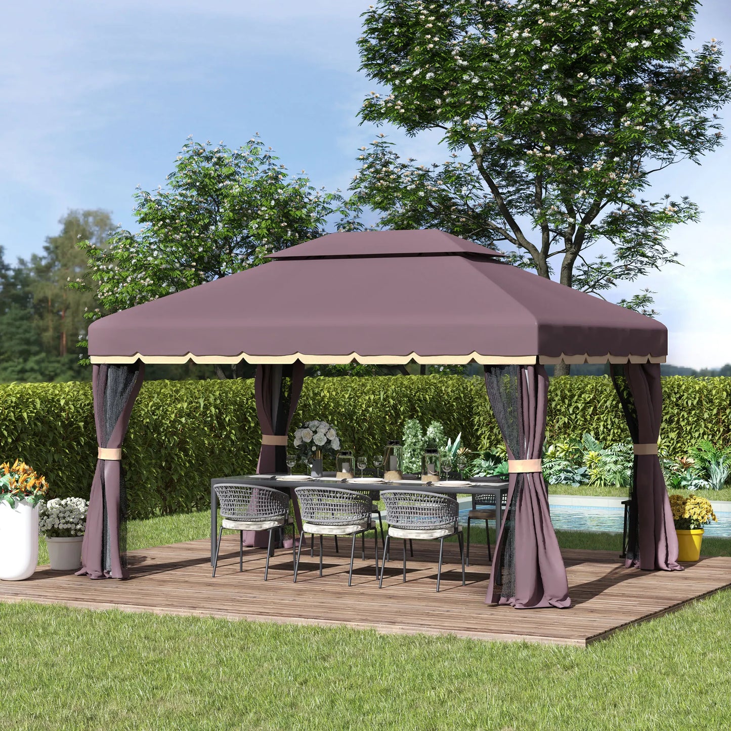 Outsunny 3 x 4m Aluminium Garden Gazebo, Marquee Canopy Shelter Pavilion Party Tent with Nets and Curtains