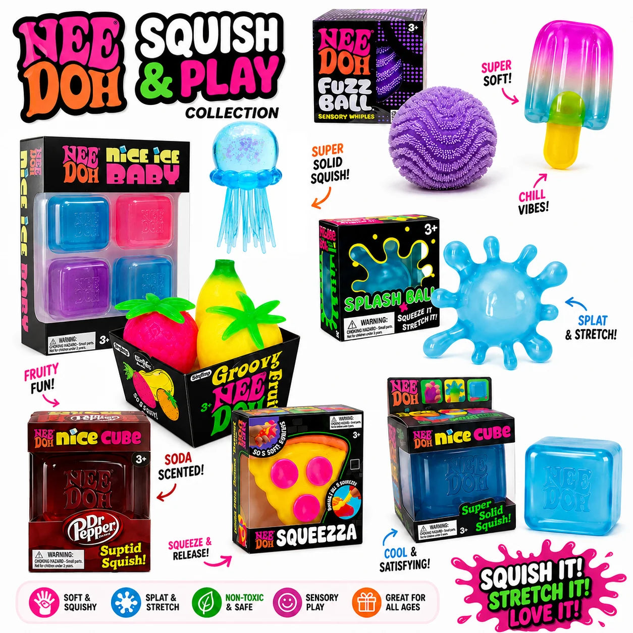 NeeDoh Jellyfish & Cube Squish Stress Relief Sensory Toy, Soft Gel Squeeze Toy for Kids and Adults