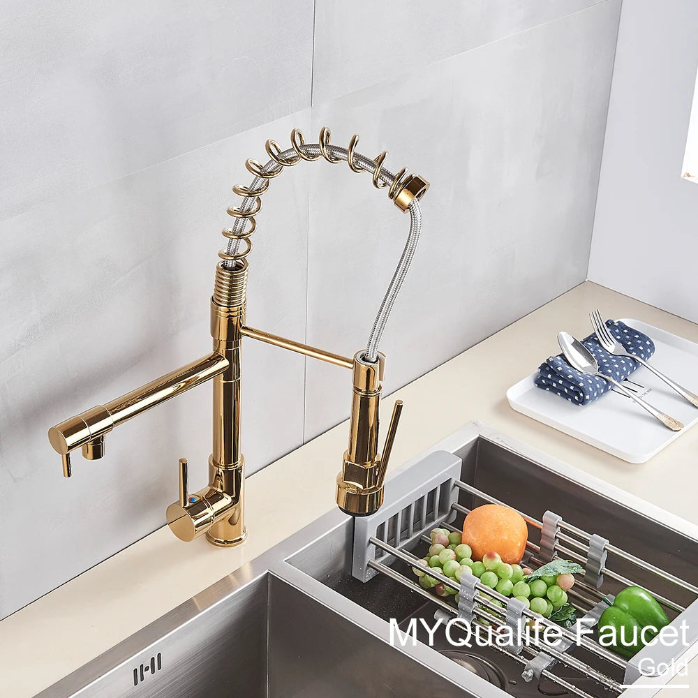 Black Pull Down Brass Kitchen Sink Faucet Hot Cold Water Mixer Crane Tap with Dual Spout 360 Rotation High Faucet Deck Mounted