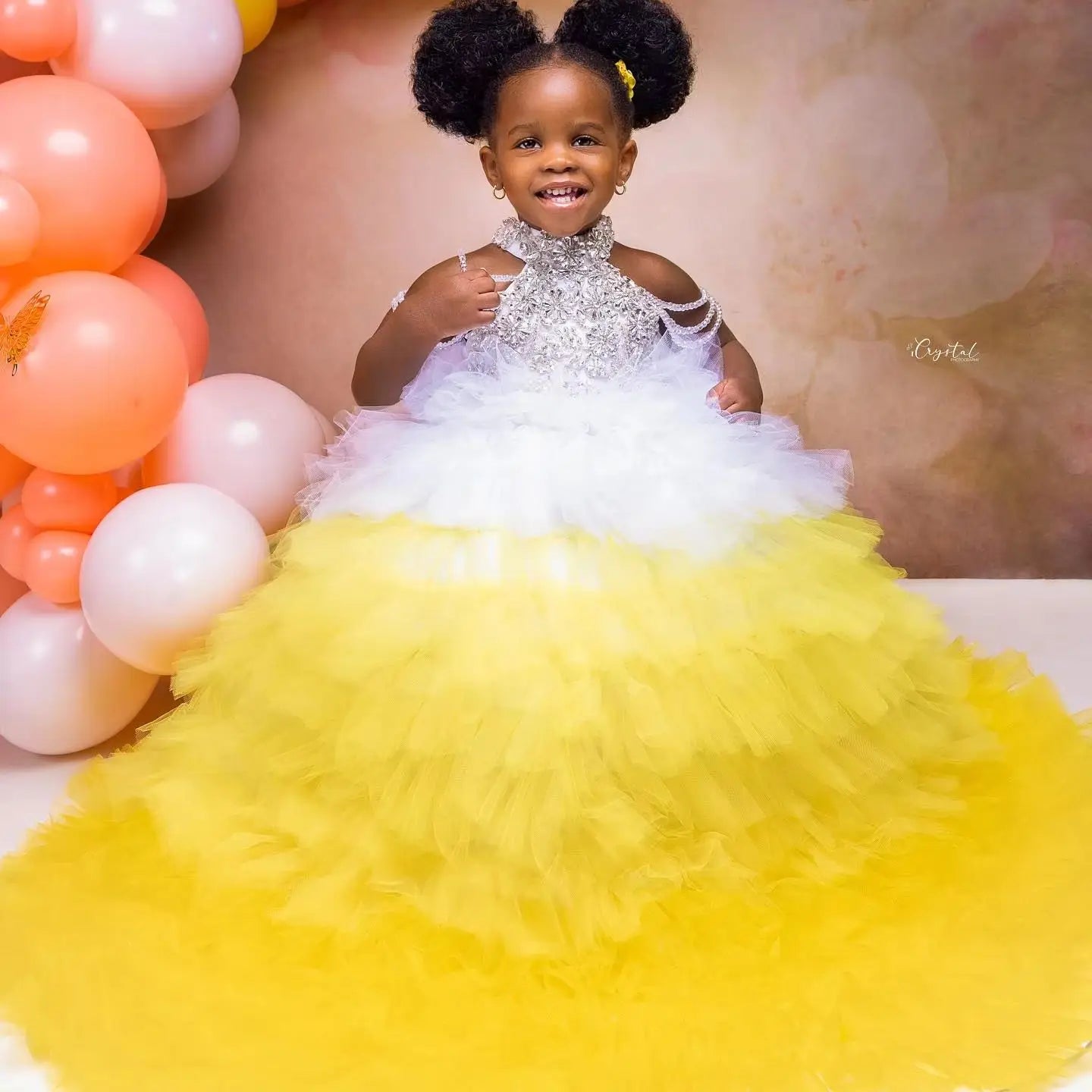 Luxury Girls Birthday Dresses Customized White & Yellow Tiered Tulle Flower Girl Dresses for Wedding Party Baby Girls Prom Gowns