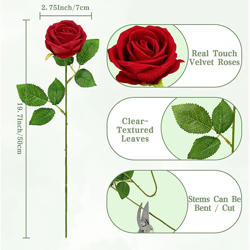 Red Roses Artificial Flowers Bulk Real Touch Velvet Roses Flowers for Wedding Centerpieces Bridal Bouquet Valentines Day Decor