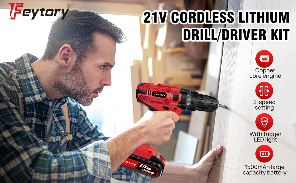 21V Cordless Drill,45Nm Electric Screwdriver Set with 29PCS Accessories, 2 Variable Speed for Home DIY Project Kit