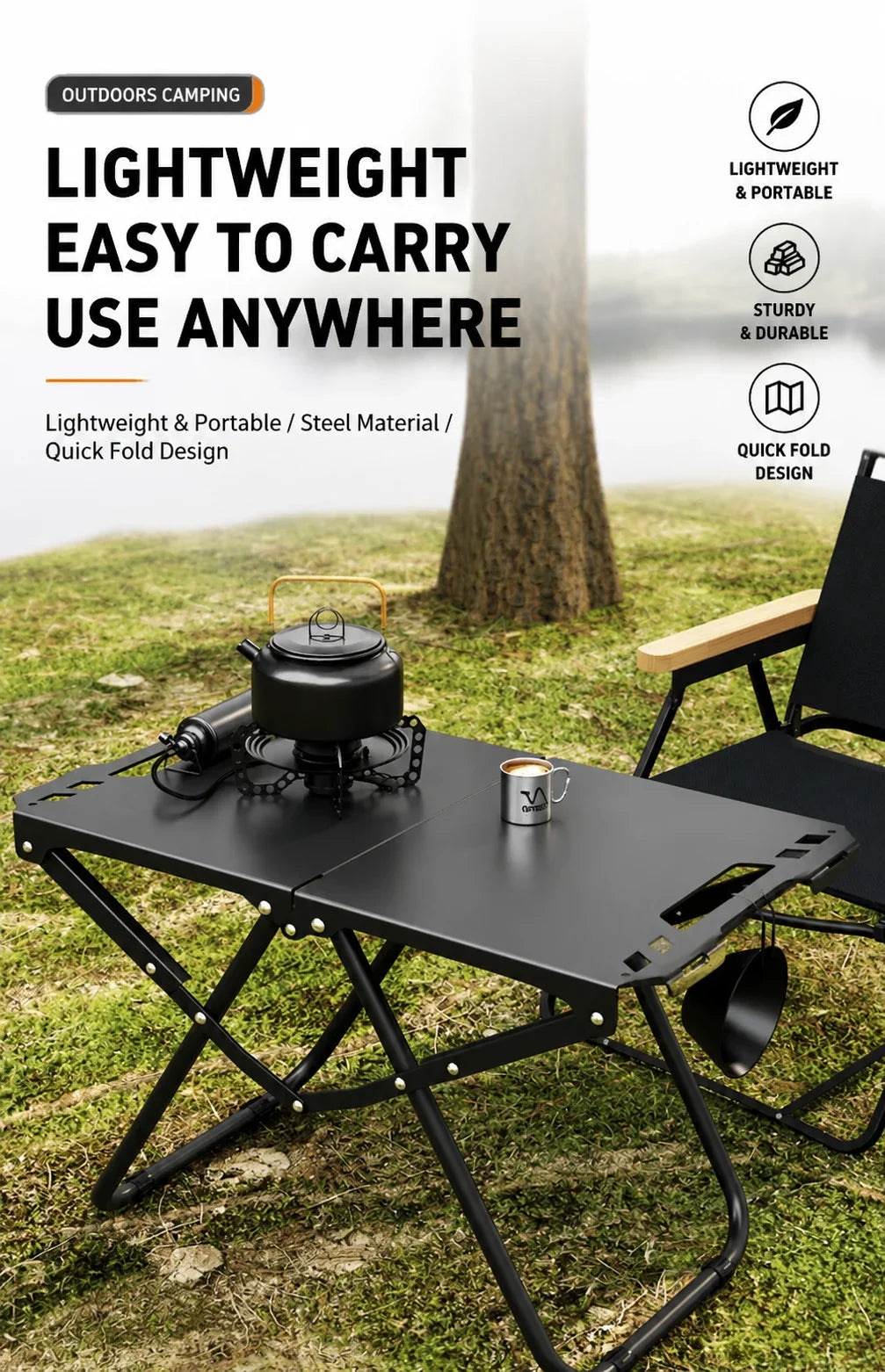 Green Portable Foldable Camping Table, Hollow Edge Hangable Design, Lightweight Durable Table for Picnic Beach Outdoor Travel